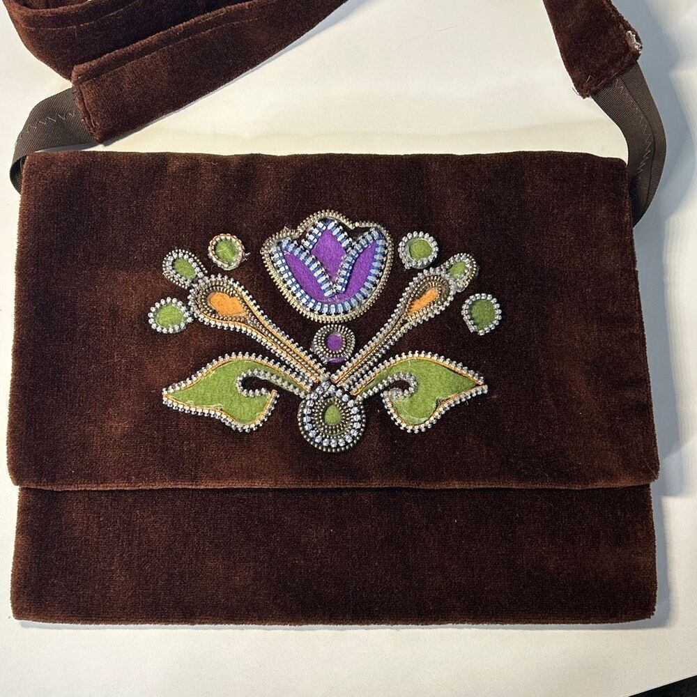 Handmade Upcycled Boho Brown Zipper Floral Purse Handbag